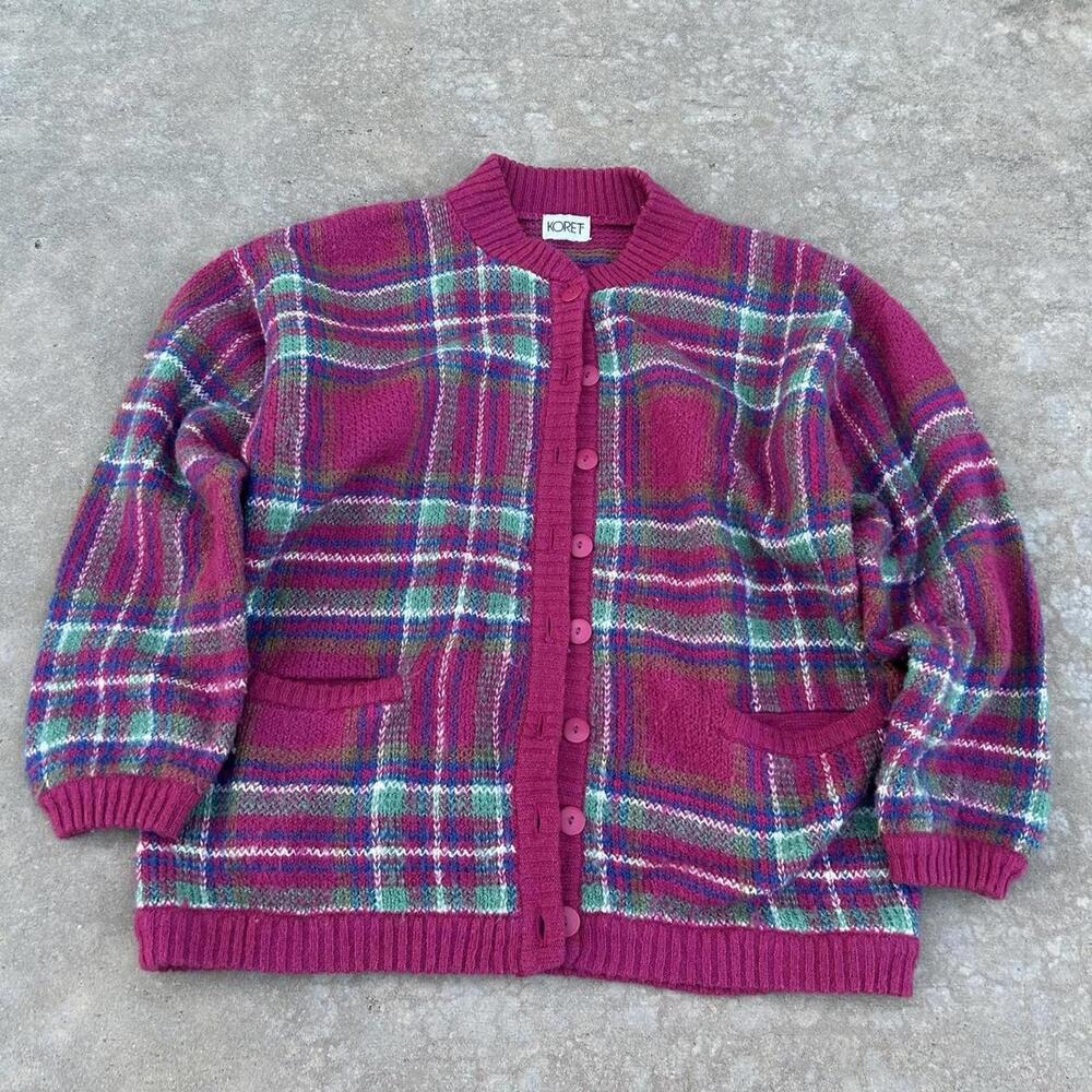 Vintage Grandma Pink Cozy Retro Granny Plaid Cardigan